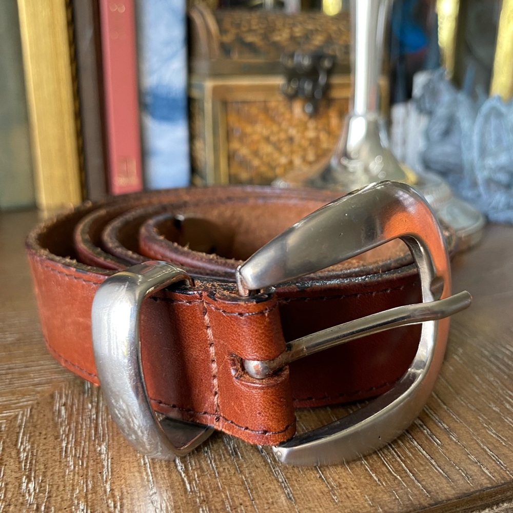 Vintage Genuine Leather Belt in Cognac Brown with Silver Buckle (M)